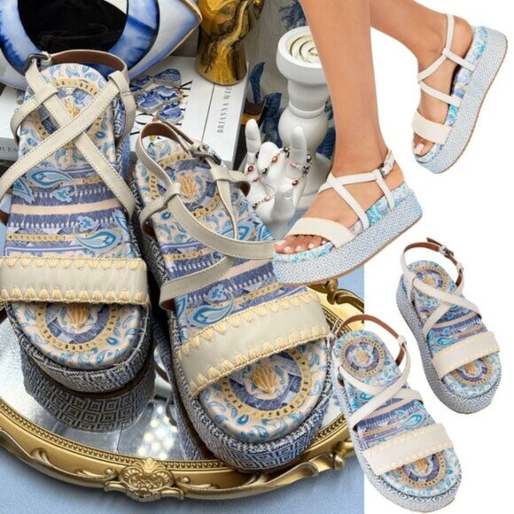 🆕 KURT GEIGER LONDON 🧿 NWOB Chelsea Flatform Sandal, Pale Blue Combo Sz 37 US7 - Picture 1 of 13